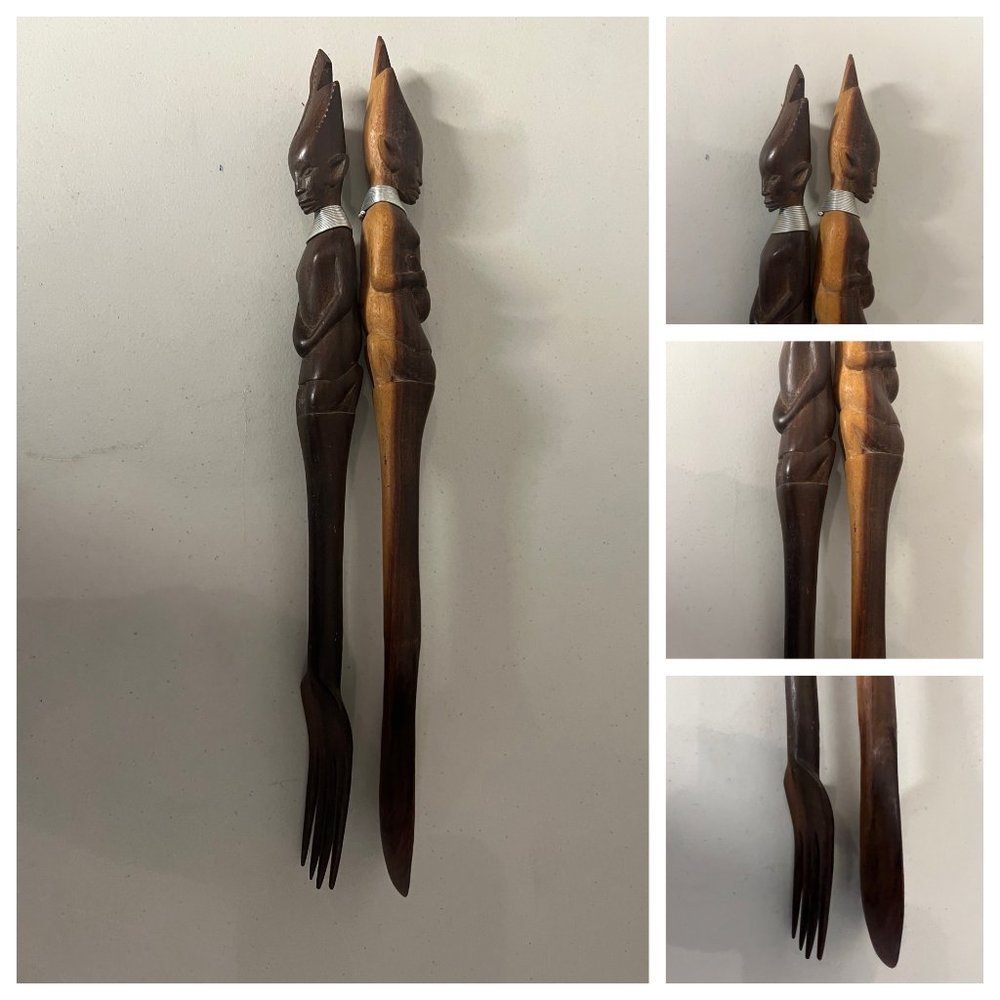 VINTAGE African Folk Art Fork and Spoon Hand Carved Wood Salad Set - Picture 7 of 10